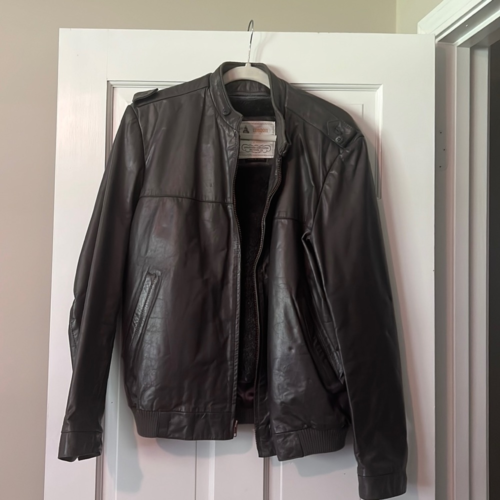 Mens London Fog Leather Jacket with Removable Feaux Fur Lining
